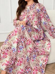 Al Najma Plus Size Leopard & Floral Print Dress - Multicolor - View 1