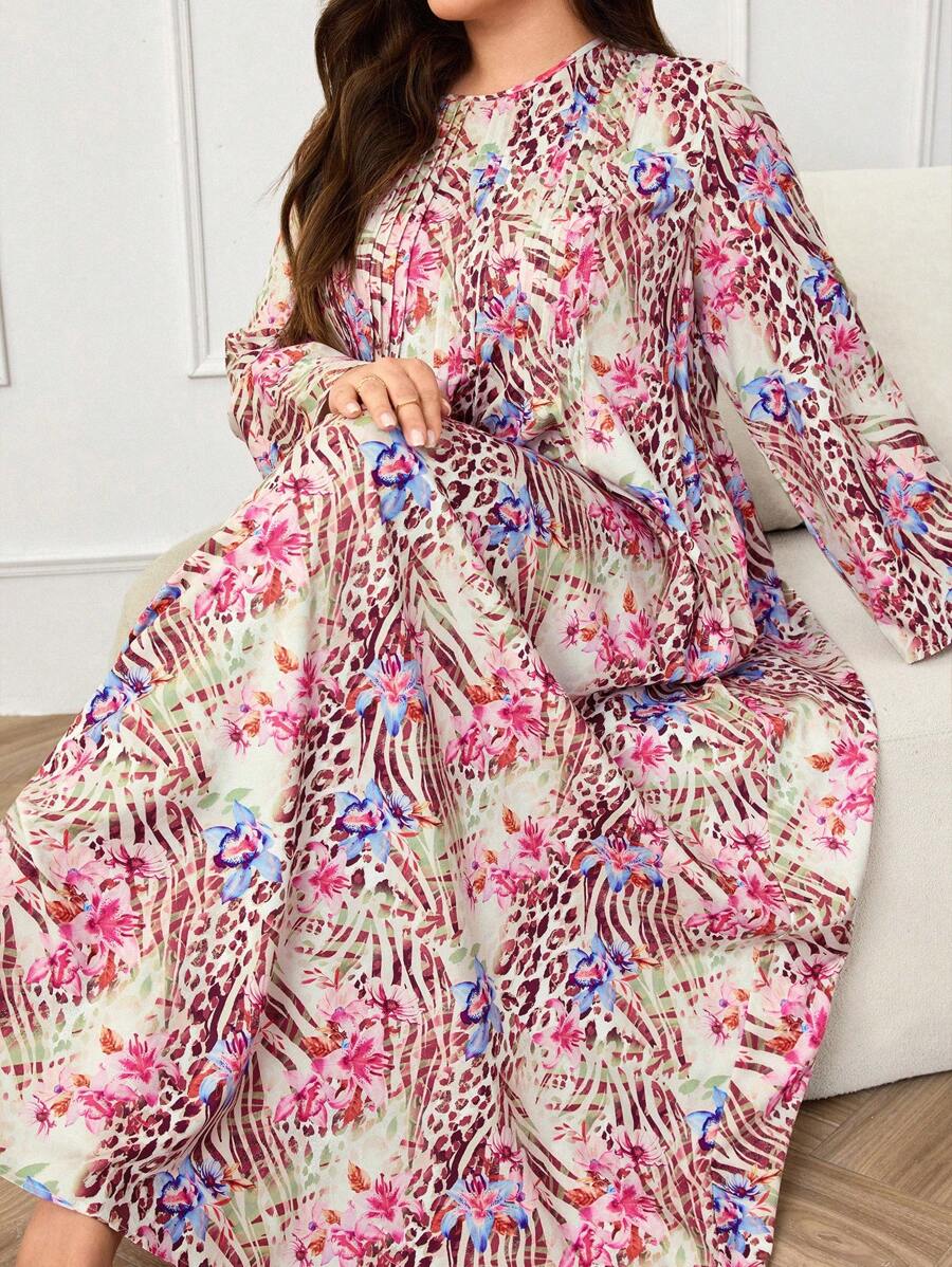 Al Najma Plus Size Leopard & Floral Print Dress - Multicolor - View 1