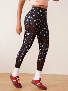 SHEIN Sports Heart Mesh Splice Leggings, Casual Sportswear For Daily Wear - Black - View 6