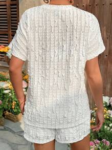 SHEIN 2pcs Maternity Solid Color Knit T-Shirt And Adjustable Waist Straight Shorts Set - Apricot - View 2