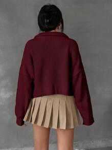 EURMUSE Special Neck Detail With Zipper Pullover Sweater - Burgundy - View 3