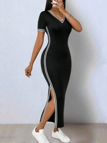 Chiquease Đầm bodycon cổ chữ V tay ngắn xẻ tà phối thun co giãn màu đen thời trang thanh lịch cho nữ - màu đen - Xem 3