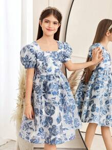 女童提花方领短袖优雅连衣裙，适合毕业舞会、公主裙、情人节女童、花童裙 - 藍色 - 查看 3