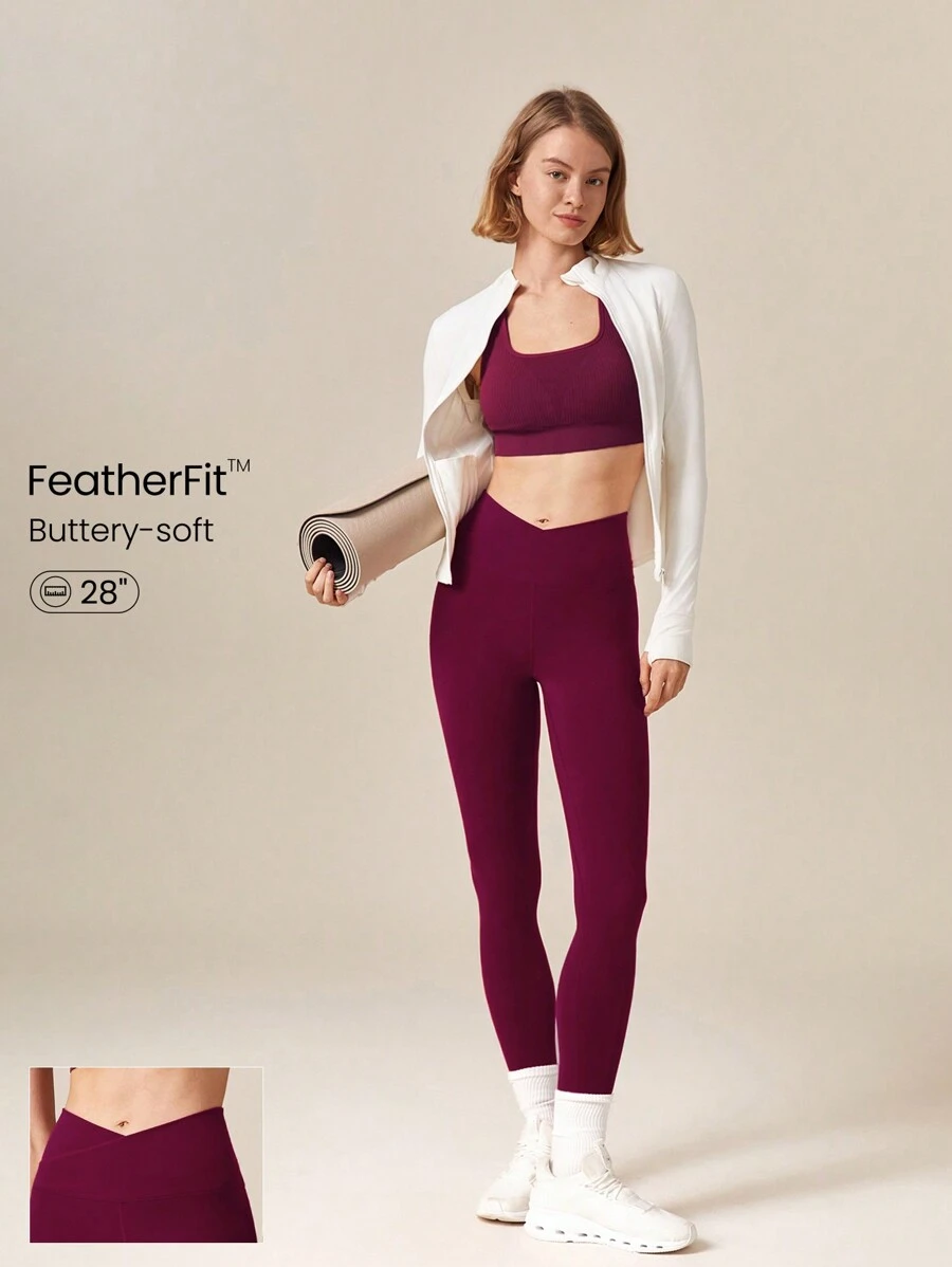 GLOWMODE 28" FeatherFit™ Crossover Leggings Gym - Red Plum - View 1