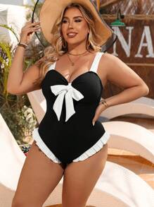Swim Lushoire Plus Size One-Piece Swimsuit, Simple Fashion Daily Casual For Summer Beach Vacation - Black and White - View 5