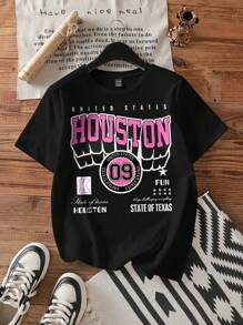 SHEIN EZwear 宽松休闲女式 HOUSTIN 图案圆领短袖 T 恤，适合夏季 - 黑色 - 查看 1