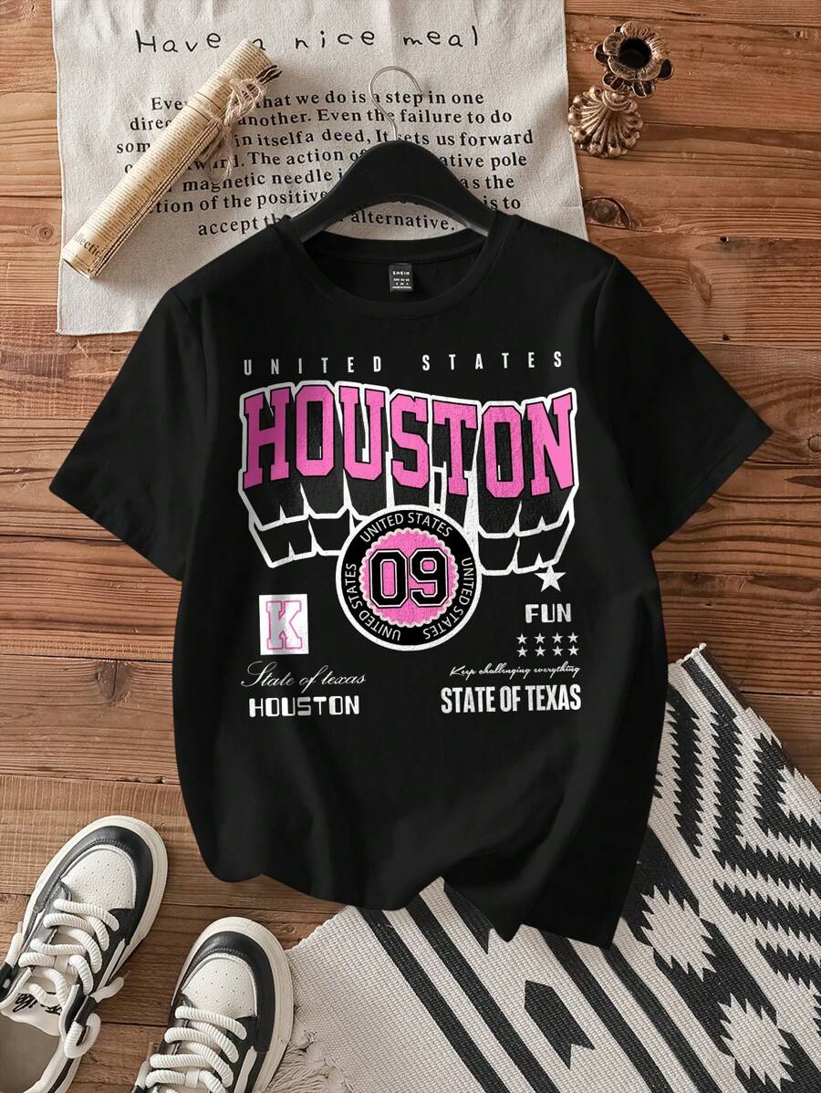 SHEIN EZwear 宽松休闲女式 HOUSTIN 图案圆领短袖 T 恤，适合夏季 - 黑色 - 查看 1