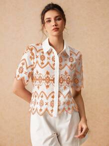 SHEIN Frenchy Dameskleding, zomerse damesoverhemden met knoopjes, prachtig geborduurd kort overhemd, overhemd met overhemdkraag, casual en comfortabel, goede luchtdoorlatendheid, geschikt voor woon-werkverkeer, dagelijkse vakantiekleding, kleding voor het afstudeerseizoen