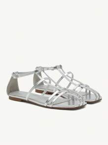 CUCCOO CHICEST Women's Fashion Silver Flat Square Toe Versatile Beach Shoes, Strap Flat Sandals - Silver - View 2