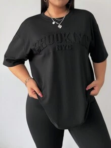 SHEIN CURVE+ Curve Plus Embossed Letter "Brooklyn" Black T-Shirt For Plus Size Women - Black - View 3
