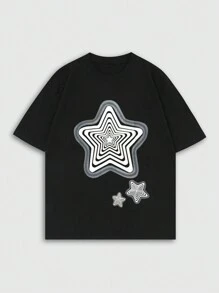 ROMWE MEN Street Life 男士休闲星星印花牛仔短裤 - 黑色 - 查看 1