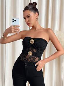 SHEIN Clasi Women's 3D Flower Lace Patchwork See-Through Vest Top, Sexy Camisole For Valentine's Day Festival  Boho