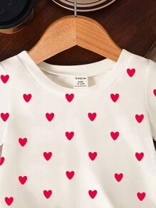 Baby Girl Heart Print Round Neck Short Sleeve T-Shirt And Shorts Knit Set, Suitable For Valentine's Day - Multicolor - View 5