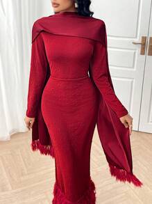 Modelyn Women Elegant Solid Color Tassel Trim Bodycon Dress Long Evening Dresses