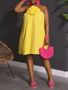 Slaydiva New 2025 Curve Plus Size Women's Romantic & Holiday Solid Color A-Line Ruffle Trim Bubble Mini Dress Spring/Summer - Yellow - View 5