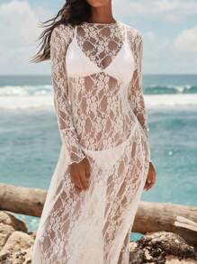 Opulessa 女士纯色针织蕾丝长袖美人鱼连衣裙 - 白色 - 查看 8