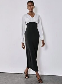 Chiquease 女士撞色 V 领长袖优雅修身长裙