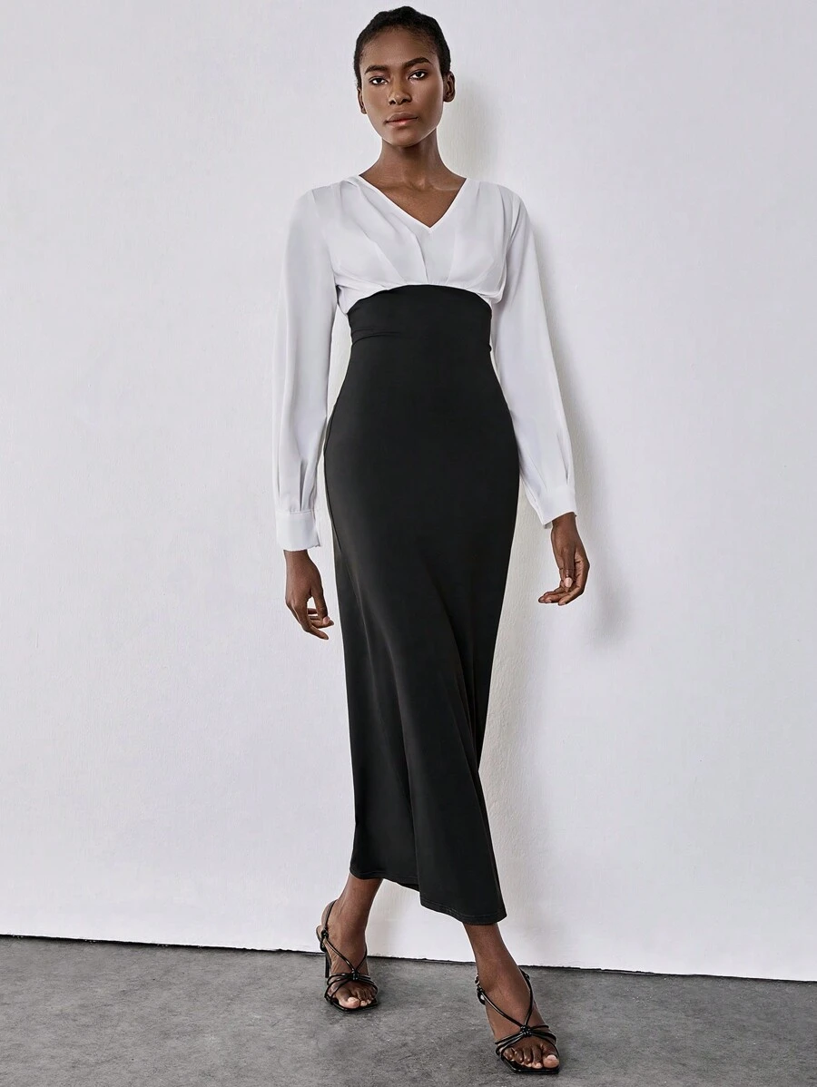 Chiquease 女士撞色 V 领长袖优雅修身长裙