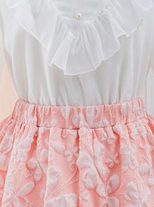 Kaftan Jalabiya Tunika für Teenager Mädchen, bescheidenes lokales Kostüm für Ramadan, luxuriöse, elegante Jacquard-Satin-Bluse mit metallischem Glanz und modischen 3D-Blumen-Chiffonvolants, kombiniert mit rosa 3D-Blumen-Jacquard-A-Linien-Rock