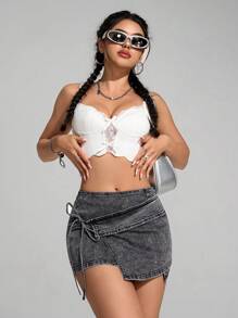 SHEIN EZwear 女士休闲水洗系带修身迷你牛仔半身裙 - 深灰色 - 查看 4