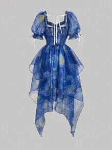 SHEIN MOD 女款梵高“星夜”印花连衣裙，复古宫廷风泡泡袖，艺术系列，情人节连衣裙，女士度假装，夏季连衣裙，女士生日连衣裙