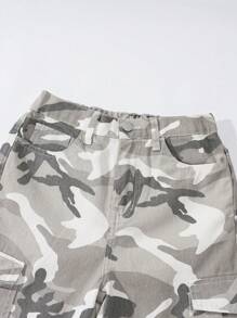 SHEIN Explorewe Tween 女童 Y2K 休闲多口袋街头抽绳腰部浅色迷彩印花工装牛仔裤 - 彩色 - 查看 5