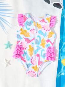 Newborn Baby 1-Piece Ruffled Swimsuit With Cute Dinosaur Print, Pink