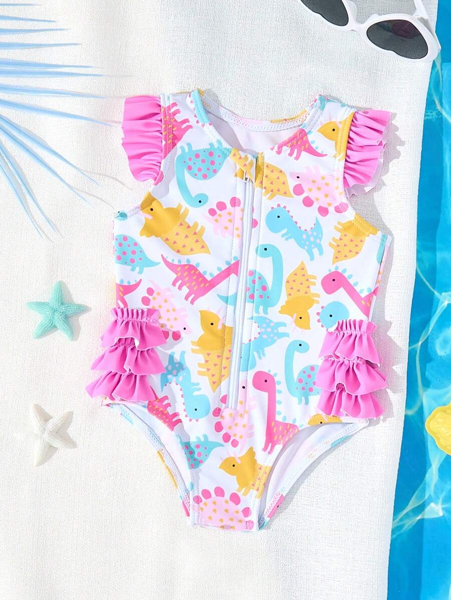 Newborn Baby 1-Piece Ruffled Swimsuit With Cute Dinosaur Print, Pink