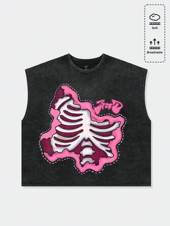 Street Life Camiseta de tirantes corta con estampado de esqueleto lavada para hombre, Halloween