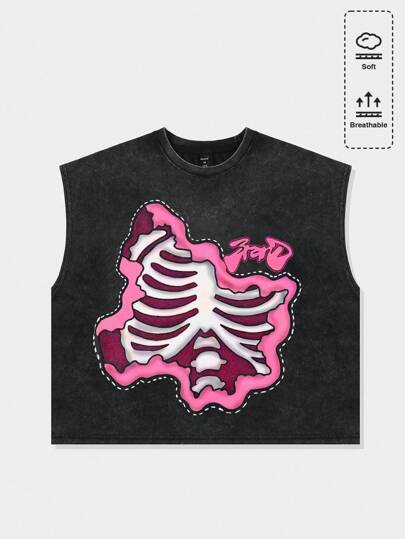Street Life Canotta da uomo con stampa scheletro lavata, taglio aderente, per Ognissanti