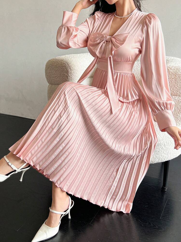 V-Neck Puff Sleeve Bowknot Waist Women Mid-Length Dress,Fall Dress Long Sleeve Dress Maxi Dress