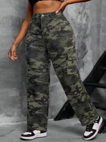 SHEIN SXY Plus Size Stretch Denim Camouflage Print Cargo Straight Leg Pants - Multicolor - View 6