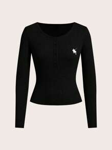 SHEIN EZwear Women's Knight Print Round Neck Long Sleeve Button-Up Casual T-Shirt - Black - View 8