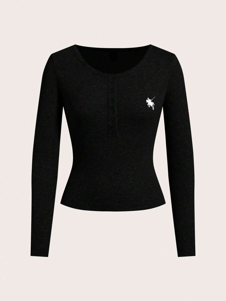 SHEIN EZwear 女士骑士印花圆领长袖纽扣休闲 T 恤 - 黑色 - 查看 8