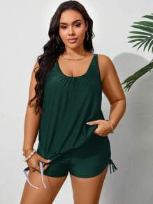 Swim Lushoire Summer Plus Size Solid Color Casual Sleeveless Ruched Simple Bikini Top - Dark Green - View 6
