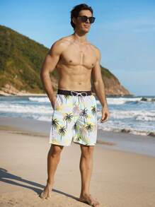 Surfspeed Men's Coconut Tree Print Drawstring Waist Beach Shorts Men Swim Trunks - Multicolor - View 4