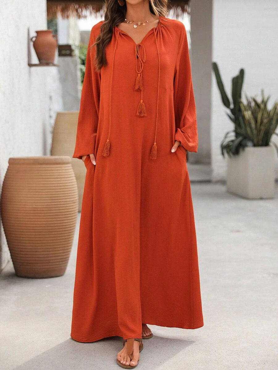 EMERY ROSE Đầm thường ngày dài tay buộc nơ phía trước màu trơn cho nữ - Rỉ Nâu - Xem 1