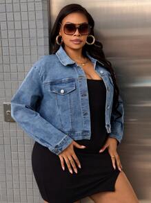 SHEIN SXY Plus Size Women Stretch Blue Denim Casual Drop Shoulder Long Sleeve Short Jacket - Blue - View 5