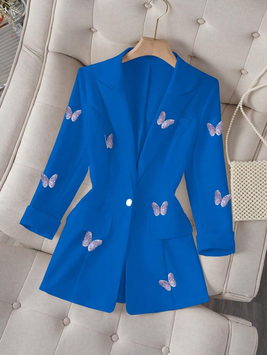 Chiquease Fashionable Commuter Butterfly Decor Suit Jacket - Royal Blue - View 1