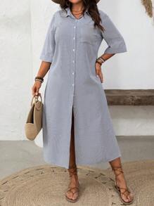 SHEIN LUNE Damen Große Größenkleid im französischen eleganten Pendler-Lässig-Urlaubsstil mit Stehkragen, Langarm, Streifenmuster, knielanges Design, für Frühling/Sommer - Königsblau - Übersicht 5