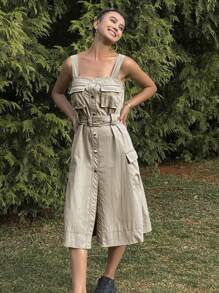 DAZY Vestido de verano casual y utilitario para exteriores, de unicolor, con cintura ajustada y abertura, estilo deportivo
