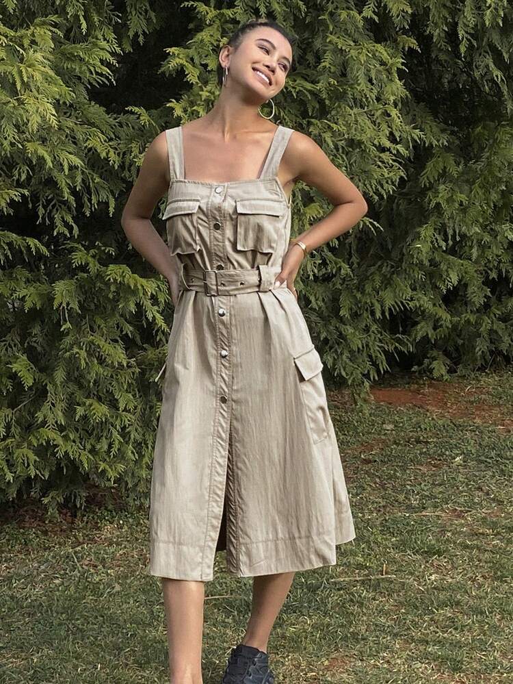 Women's Solid Color Fitted Slit Waisted Suspender, Sporty Outdoor Casual Summer Utility Dress