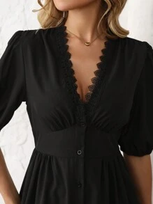 Vestido casual sencillo de mujer con abotonadura frontal de unicolor - Negro - Ver 5