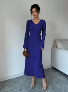 Elenzga 女士 V 领长袖优雅 3D 花朵毛衣连衣裙 - 寶藍色 - 查看 5