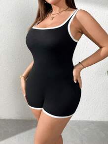 INAWLY 大码女式无袖方领休闲连体裤 - 黑與白 - 查看 4