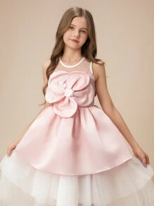 Tween Girl 优雅奢华粉色圆领花卉分层薄纱派对礼服，适合庆典、派对、节日、婚礼、花童、生日舞会等正式场合 - 粉色 - 查看 5
