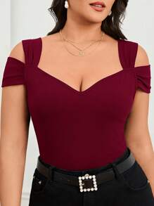 SHEIN Privé Women Plus Size Summer Elegant Hollow V-Neck Slim Fit T-Shirt, Suitable For Romantic Dates, Gatherings, And Casual Commuting - Burgundy - View 7