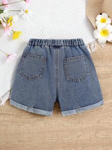 SHEIN Young Girl Casual Blue Washed Loose Ditsy Floral Print Denim Shorts With Rolled Hem Design, Minimalist & Versatile - Medium Wash - View 2