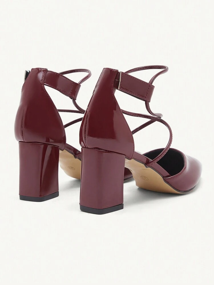 CUCCOO CHICEST Women's Fashion Wine Red Criss-Cross Strap Pointed Toe Thick High Heel Slip-On Shoes, Convenient For Commuting, Dating, Party, Festival, Holiday, Wedding Summer Shoes Summer Break Easter Prom Heels For Christmas Elegant Shoes Wedding Shoes Summer Shoes Bride Shoes