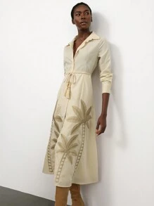 Aveloria Modichic Elegant Vacation Fashion Dress With Palm Tree Embroidery And Beaded Waist Tie, Long Sleeve Fall Cloth For Women - Apricot - View 1